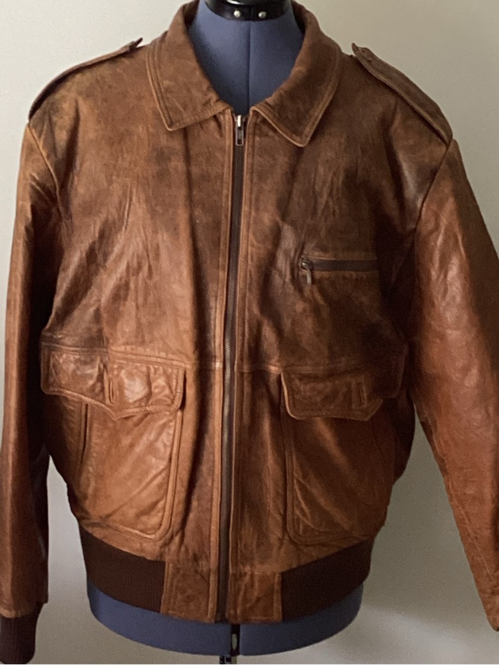 Men's Brown Leather Bomber Jacket with Utility Pockets